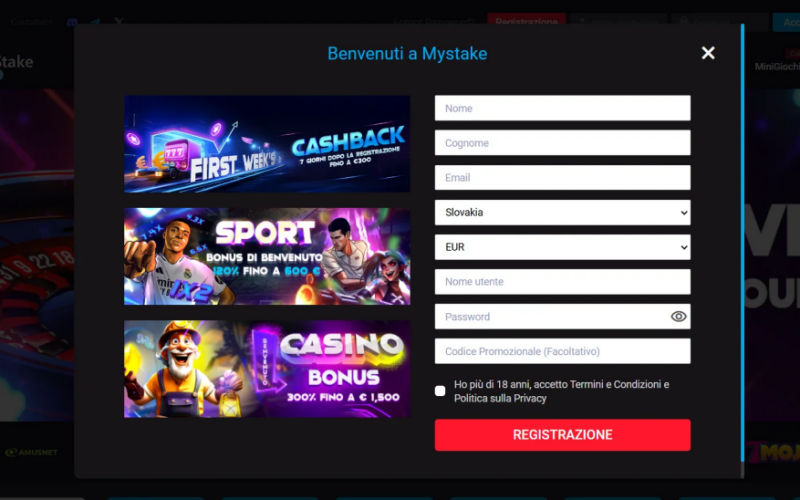 Schermata registrazione Mystake casino
